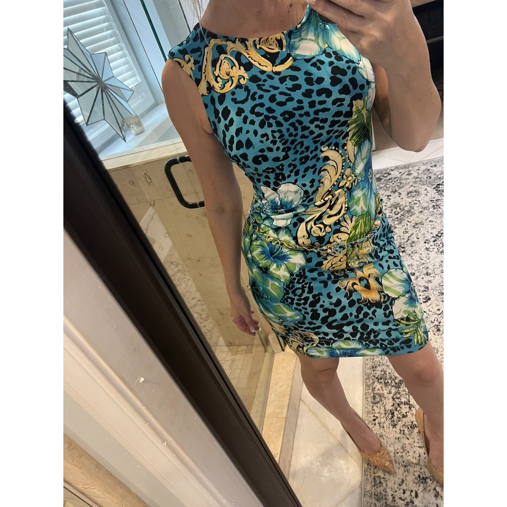 NWT CACHE Sexy Teal Gold Foil Belt Chain Dress Open Back M Paisley Leopard